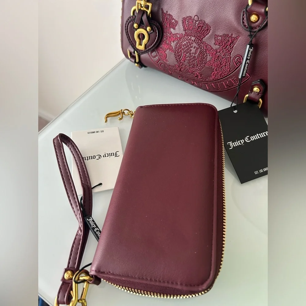 Juicy Couture UK burgundy leather Scottie Dog crest Bowler Bag Wallet Set